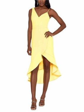 Xscape Yellow V-Neck High-Low Ruffle Dress
